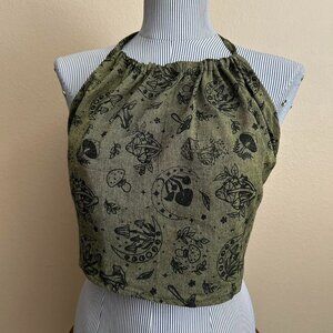 Dark Green Cotton Halter Top Forest Mushroom Hippie Festival Summer Crop Top